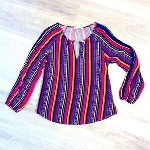 Mandee Colourful Striped Boho Long Sleeve Blouse With Lace Trim On Arms.